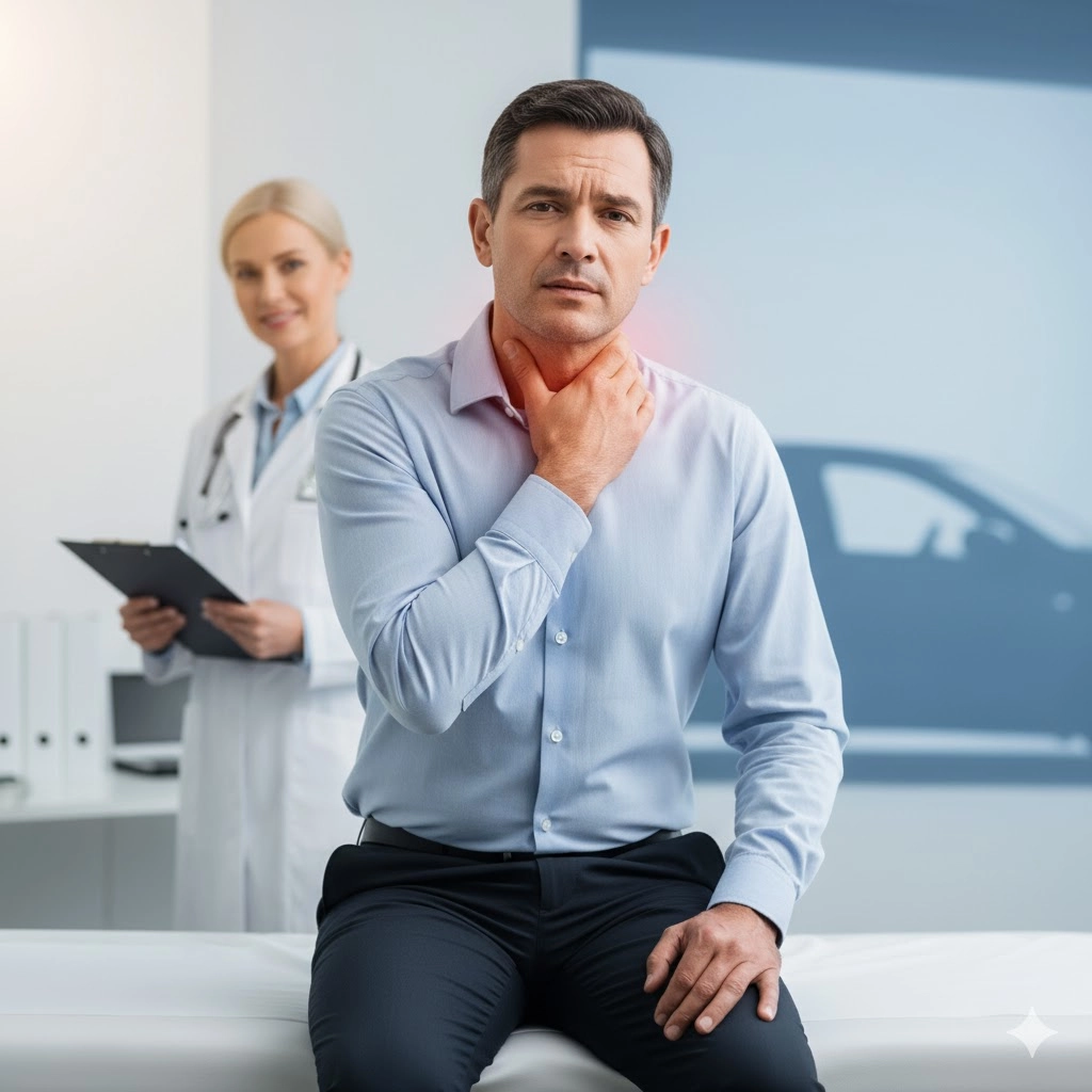 Person experiencing delayed injury symptoms after car accident during medical evaluation with doctor in New Jersey clinic