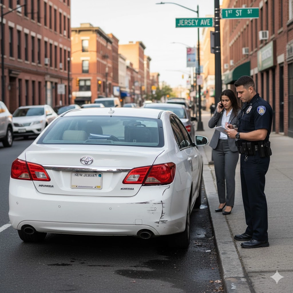 Hit and run accident scene in New Jersey with damaged car and police documentation, representing legal help available from Baker Williams Law