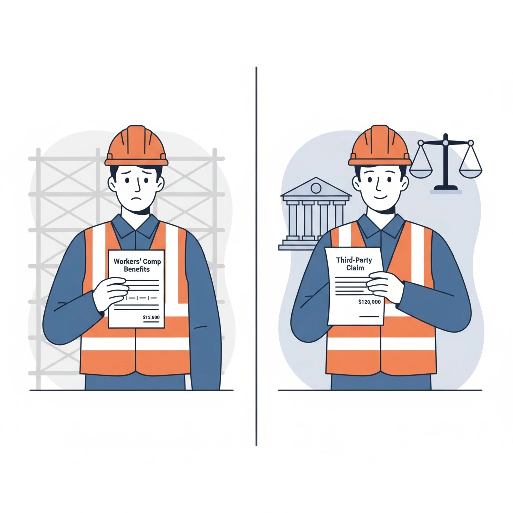 New Jersey workers compensation third party claims illustration showing injured worker reviewing legal documents for additional compensation beyond workers comp benefits